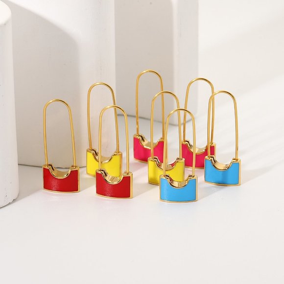 Pink Safety Pin Lock Dangle Earrings‎ 18k Gold Stainless Steel - Picture 6 of 7